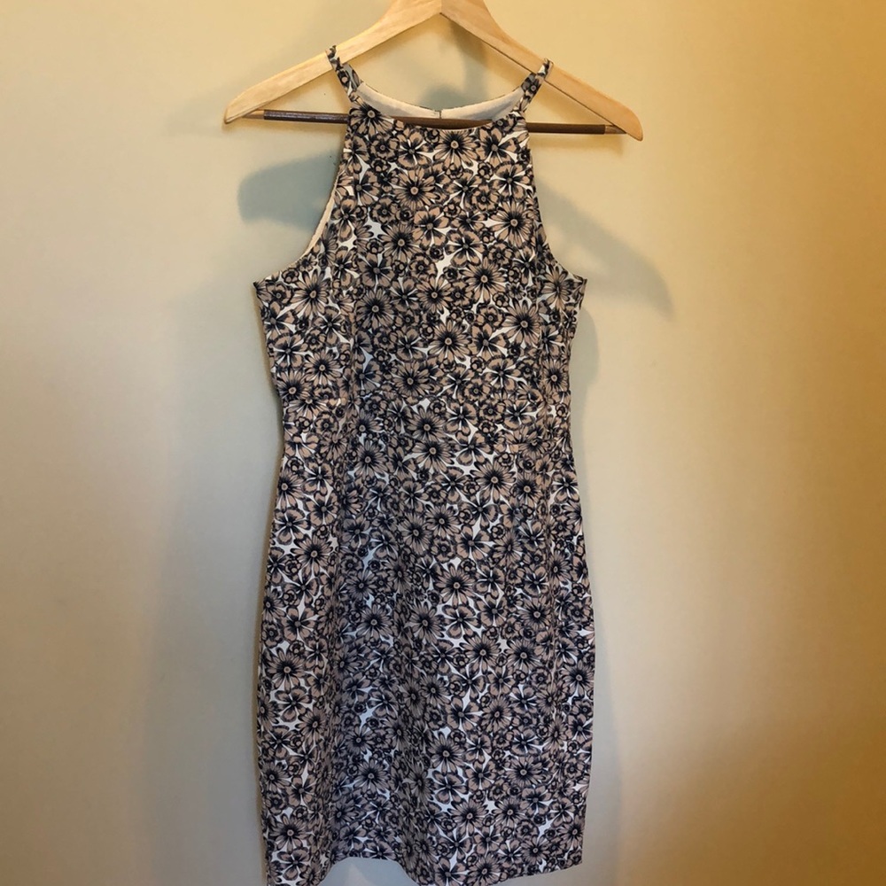 Banana Republic dress. Size 8P. Pink and blue floral.  White background.